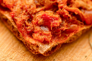 Zacusca with mackerel fish on a slice of bread