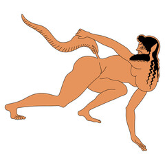 Ancient Greek satyr with long tail. Vase painting style. Isolated vector illustration. - obrazy, fototapety, plakaty