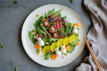 Homemade Japanese festive cuisine / Teriyaki Tempeh Salad / In conjunction with Japan's Golden Week and Japanese Children Day