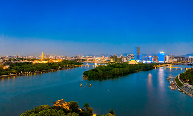 Urban environment at the intersection of Jinhua River，Yangjiang River and Wuyi River, Jinhua City, Zhejiang Province, China