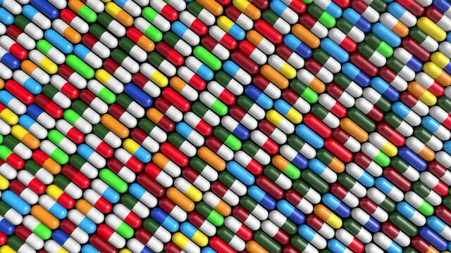Realistic multicolored capsules. Top view..Medical pills background.  3D rendering..Medicine, healthcare or pharmacy concept.