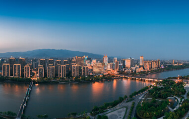 Fototapeta premium Urban environment at the intersection of Jinhua River，Yangjiang River and Wuyi River, Jinhua City, Zhejiang Province, China