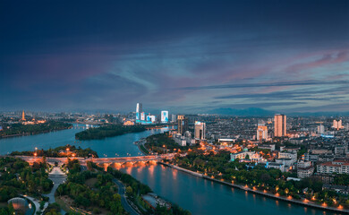 Urban environment at the intersection of Jinhua River，Yangjiang River and Wuyi River, Jinhua City, Zhejiang Province, China