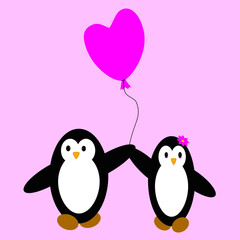 Couple penguin with heart shape balloon