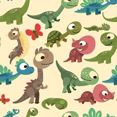 Little cubs dinosaurs. Seamless background illustration. Cheerful kind animal baby dino. Cartoons flat style. Prehistoric reptile. Funny. vector