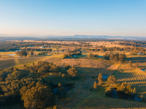 Aerial View Of Hunter Valley Area Under The Blue Sky.