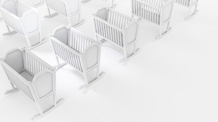 3D Rendering / Illustration. Rows of wooden baby cribs on a white background.