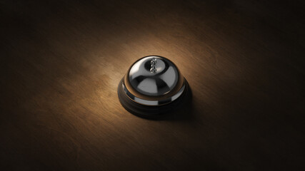  ( 3D Rendering, Illustration ) Shiny concierge hotel bell on a wooden surface