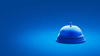  ( 3D Rendering, Illustration ) Shiny concierge hotel bell on a blue background.