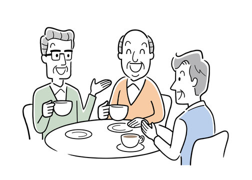ベクターイラスト素材：カフェで楽しく話すシニア男性たち
