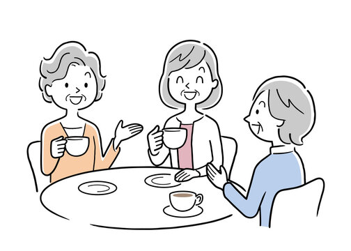 ベクターイラスト素材：カフェで楽しく話すシニア女性たち
