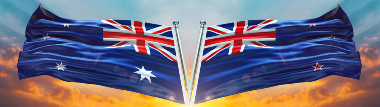 Australia Flag and New Zealand flag waving with texture sky Cloud and sunset Double flag 