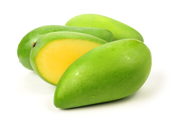 fresh green mangoes on white background.