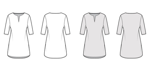 Dress tunic technical fashion illustration with elbow sleeves, oversized body, mini length skirt, slashed neck. Flat apparel front, back, white, grey color style. Women, men unisex CAD mockup