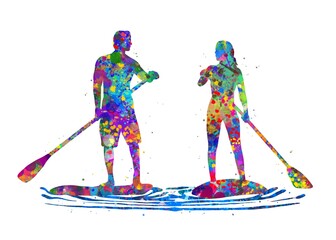 Paddleboard sport watercolor art, abstract painting. sport art print, watercolor illustration rainbow, colorful, decoration wall art.