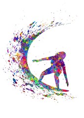 Obraz na płótnie Canvas Surfer girl sport watercolor art, abstract painting. sport art print, watercolor illustration rainbow, colorful, decoration wall art.