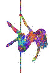 Obraz premium Pole dance girl sport watercolor art, abstract painting. sport art print, watercolor illustration rainbow, colorful, decoration wall art.
