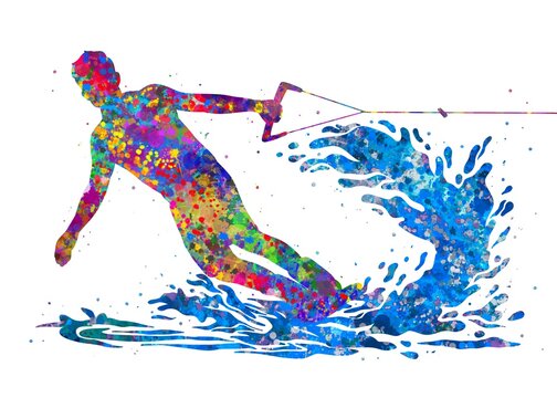 Wakeboarding sport watercolor art, abstract painting. sport art print, watercolor illustration rainbow, colorful, decoration wall art.