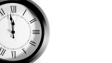 Modern white Wall Clock with black time pointer off center on white background. Shadows on the...