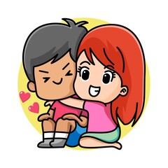Cute girl hugging her boyfriend from beside, happy valentine, cartoon character illustration