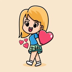 Cute girl holding heart, happy valentine, cartoon character illustration