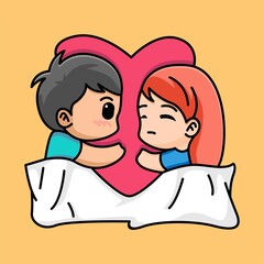 Couple sleeping with a pillow heart shaped, happy valentine, cartoon character illustration