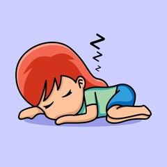 Cute girl sleep over feeling exhausted and overworked,stress from overtime working concept. cartoon illustration