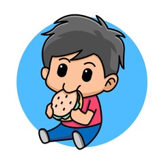 Obraz na płótnie Canvas Cute boy eating hamburger cartoon illustration