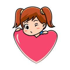 Cute girl holding red heart, valentine concept, cartoon illustration