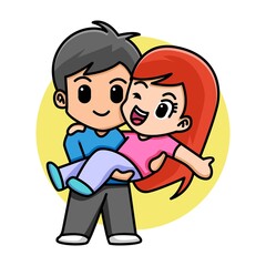 Cute boy holding his girlfriend, valentine concept, cartoon illustration