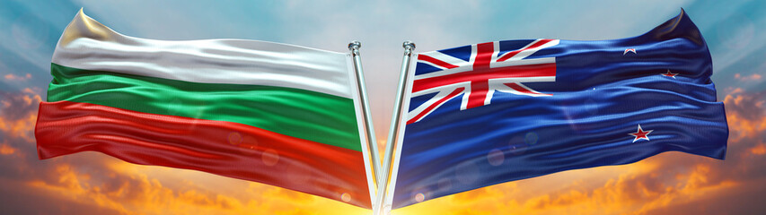 Bulgaria Flag and New Zealand flag waving with texture sky Cloud and sunset Double flag 
