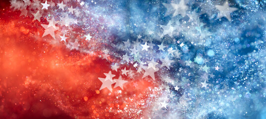 Red, white, and blue abstract background with sparkling stars. USA background wallpaper for 4th of July, Memorial Day, Veteran's Day, or other patriotic celebration. - 435013456