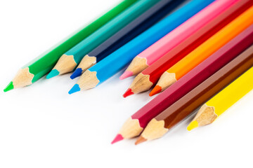 multicolored pencils isolated on white, many different drawing supplies