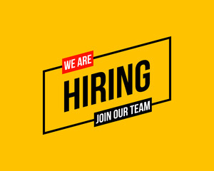 we are hiring, join our team, flat vector poster or banner illustration on yellow background