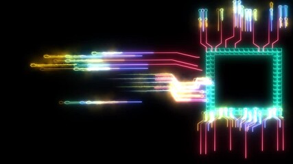 Futuristic abstract rainbow digital intelligent twisted light high speed chip data processing technology full power and energy cell moving around - Powered by Adobe
