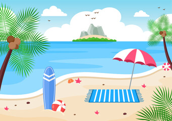 Fototapeta na wymiar Happy Summer Time in Beach Seaside Vector Illustration for Background, Wallpaper or Banners
