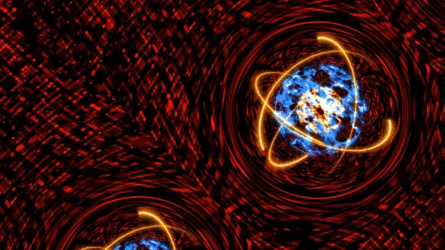 reflection quantum light red core and futuristic computer animation abstract background with infinity of orange energy atom moving, rotate and zoom out