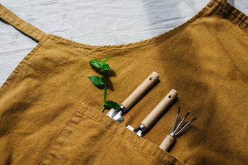 Gardener apron with garden tools for growing home garden and vegetable garden. . High quality photo