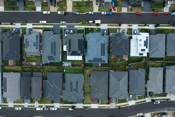 Aerial view of a neighbourhood amongst new housing development in rapidly growing south west Sydney, Australia.