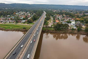 M4 Western Motorway crossing the Nepean River at Penrith before ascending the Blue Mountains, NSW, Australia.