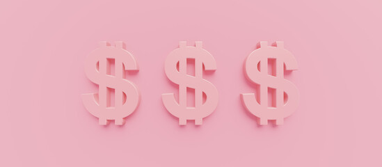 Obraz premium Woman salary concept with copy space. United States Dollar sign in minimal style on a pastel pink background. 3D Rendering