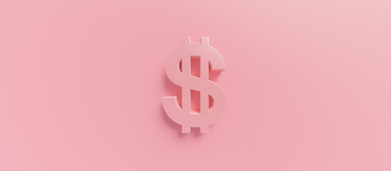 Woman salary concept with copy space. United States Dollar sign in minimal style on a pastel pink background. 3D Rendering