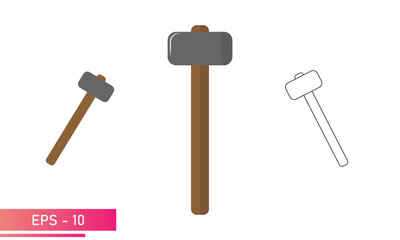 A set of sledgehammers, with rounded and smooth shapes and a wooden handle. Realistic and linear design. On a white background. Tools for the blacksmith. Flat vector illustration.