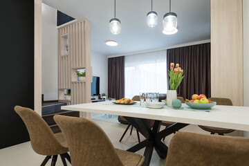 Dining table in living room area of contemporary apartment