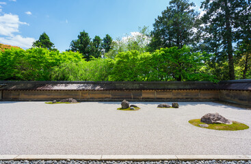 京都　龍安寺の石庭と新緑