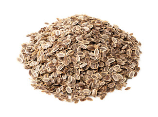 handful of dill seeds closeup on white