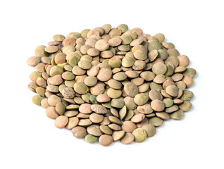 handful of whole light green lentils on white