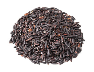 pile of raw black rice closeup on white