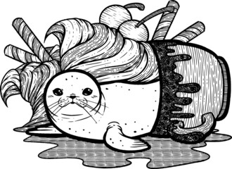 Sundae Seal Vector Line Art Illustration