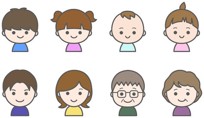 家族三世代（こども・赤ちゃん・大人・シニア）のアイコンセット